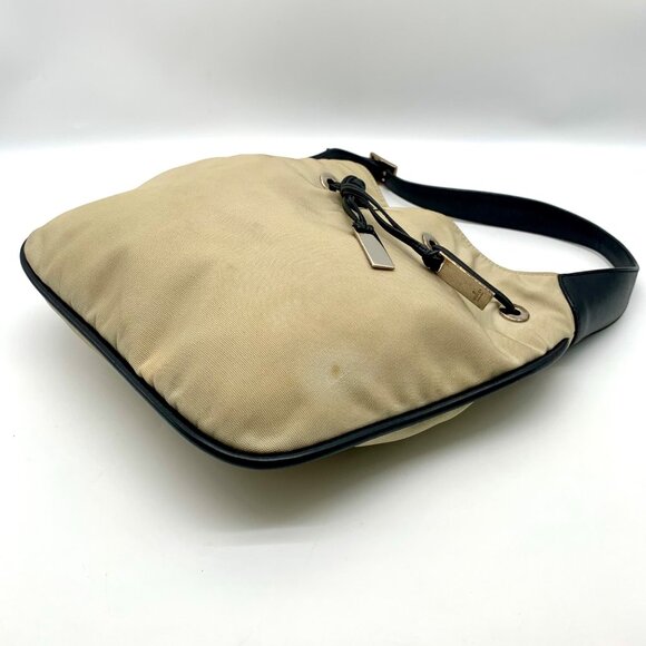 Gucci Beige Nylon and Black Leather Trim Drawstring Shoulder Bag - Picture 6 of 12